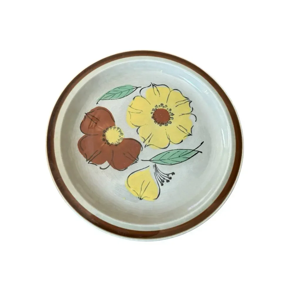 Vintage Hand Painted Stoneware Dinner Plate (3) Floral Design Retro‎ Kitchenware
